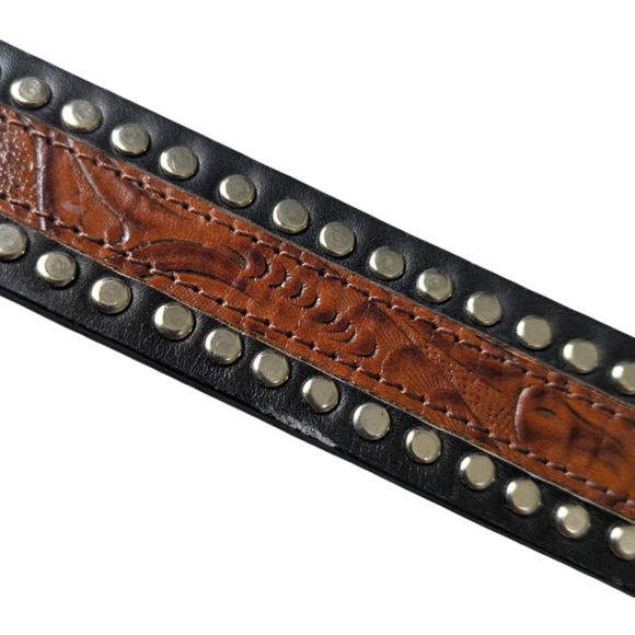 Terry Stack Black Brown Studded Hook and Loop Italian Leather Belt Size Large - Picture 9 of 9